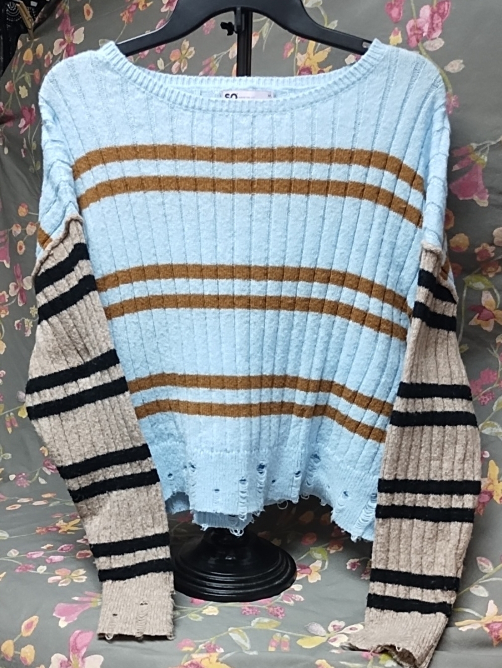 SO Women's  Distressed Ribbed Striped Sweater - Cream, Brown, Black